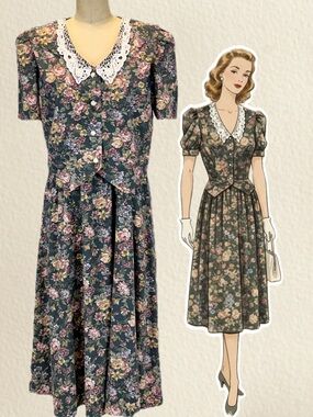 VINTAGE 90s cottage floral dress crochet lace collar detachable bodice midi 80s